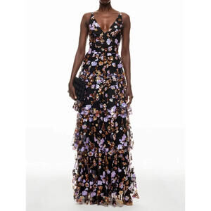 $698 Dress The Population Black Sequin Lorain Gown w/ Floral Metal Details - LRG